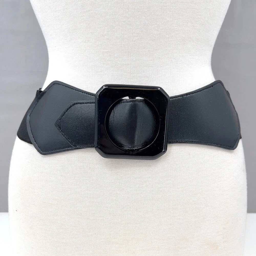 Wide Black Belt Elastic Cinch Waist Square Resin Buckle Pinup Retro Vintage 80s